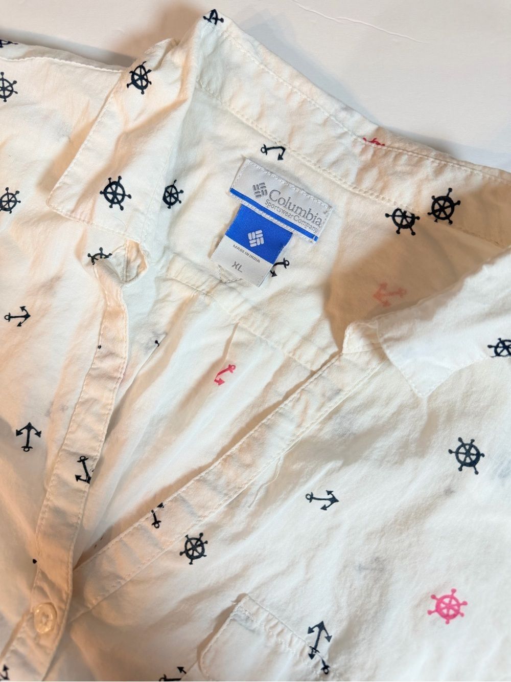 Columbia Women's PFG Nautical Print Button Up Shirt Size XL Cotton White Blue